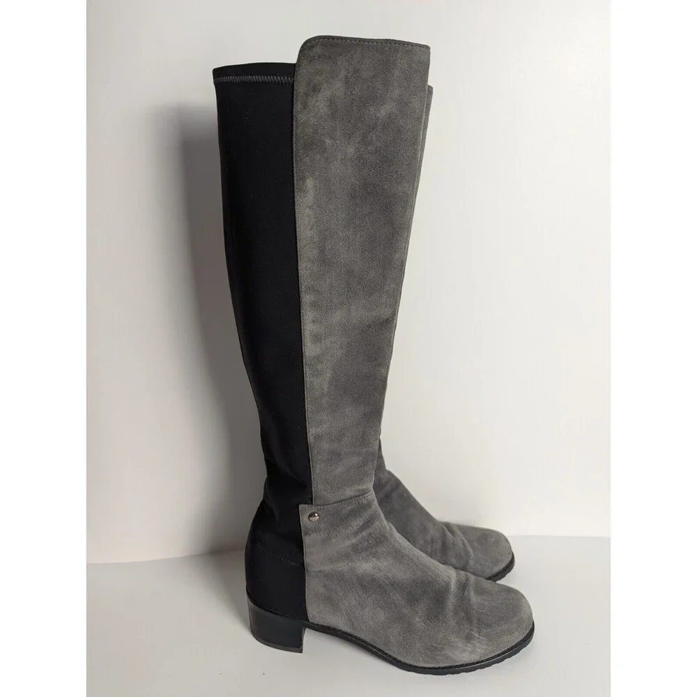 Stuart Weitzman Gray And Black 5050 Suede Knee‎ Boots Size 7.5M Stretch Low Heel